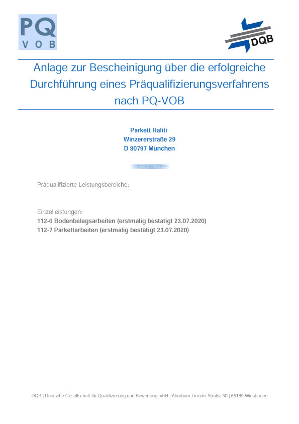 Präqualifizierung nach PQ-VOB im Bereich Bodenbelagsarbeiten und Parkettarbeiten