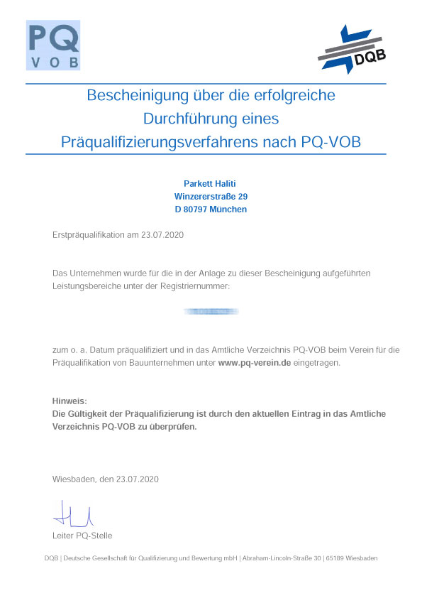 Präqualifizierung nach PQ-VOB für Bodenbelagsarbeiten und Parkettarbeiten